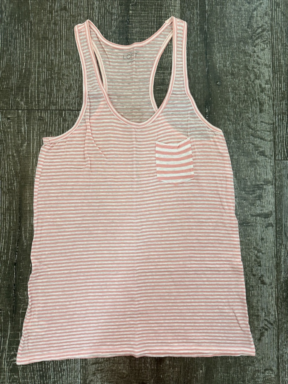 LOFT Pink & White Striped Linen Blend Pocket Tank Top Small